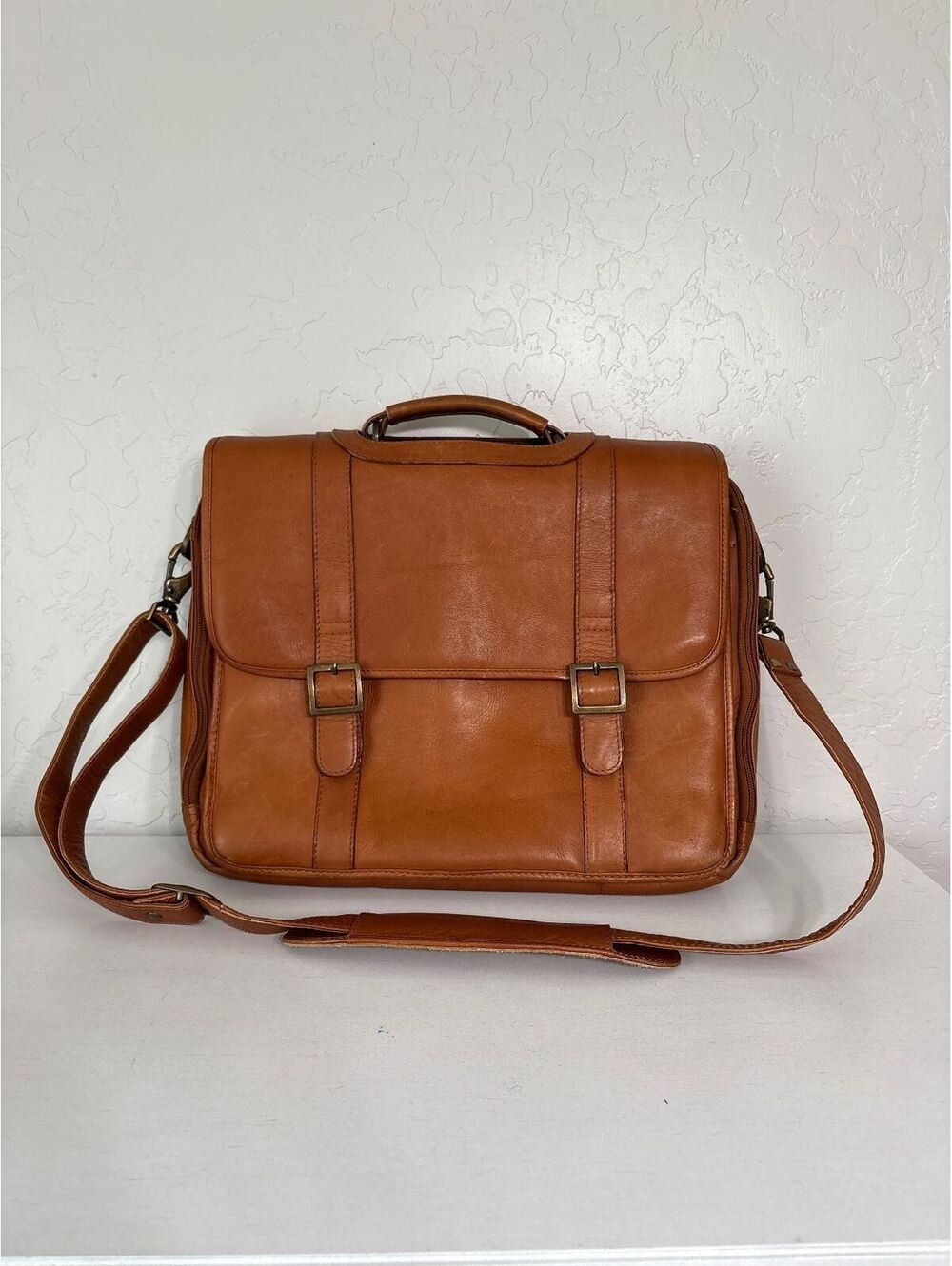 Links & Kings Brown Leather Flap-Front Messenger Briefcase with Shoulder Strap